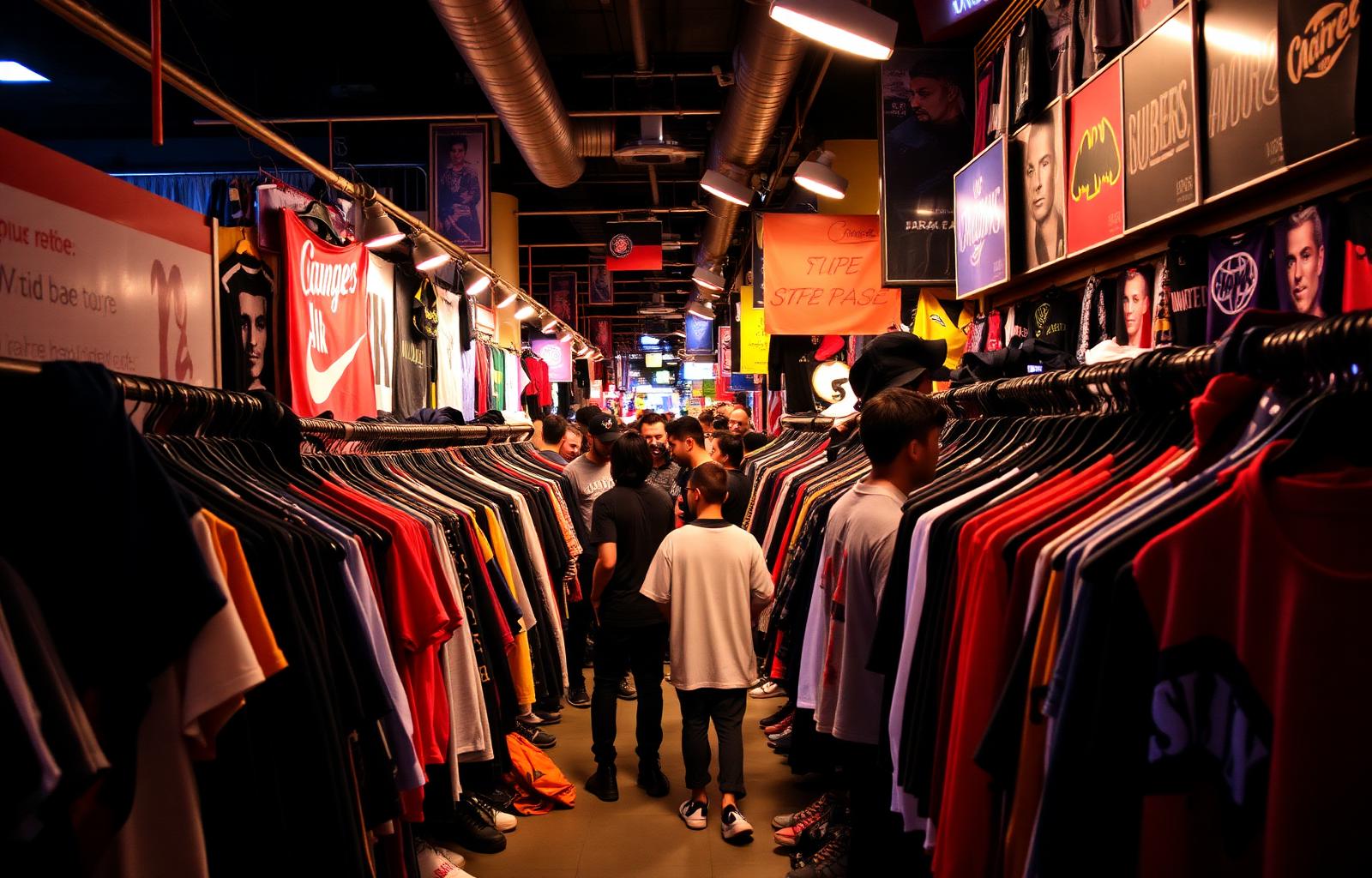 Bazar de roupas streetwear cheio de movimento